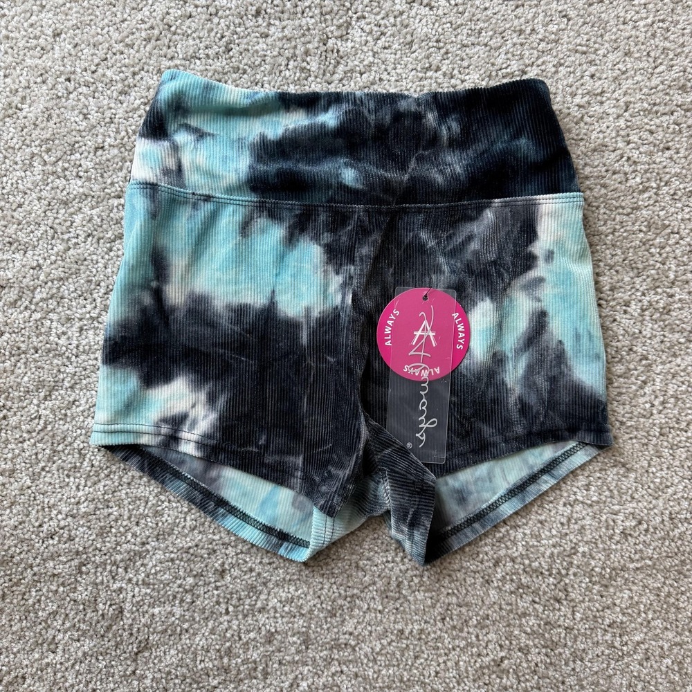 Always Shorts Womens Small Blue Tie-Dye 3" Inseam Ribbed Knit Yoga Athletic